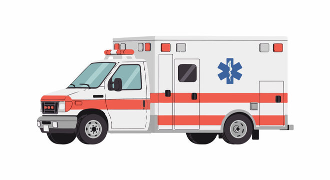 A white ambulance with orange stripes and a blue star