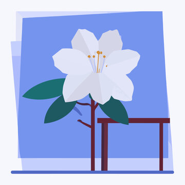 A white flower with green leaves on a brown stem against a blue background with a brown frame