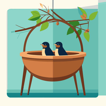 A whimsical illustration of two small birds sitting in a brown hanging basket