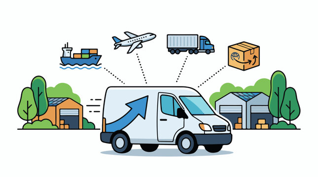 A white delivery van with blue arrow surrounded by transport modes and warehouses