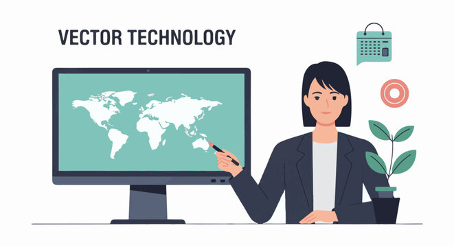A woman in business attire presenting a world map on a computer screen