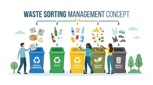 Diverse people actively sorting different types of waste into color-coded bins in a flat lay illustration with a focus on recycling and environmental responsibility
