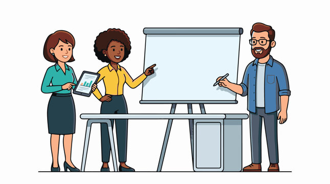 Cartoon-style illustration of three coworkers standing near a projector screen