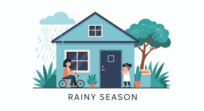 A woman on a bicycle and a girl stand outside a blue house on a rainy day