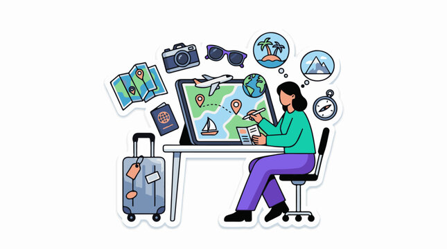 A woman planning a trip on her laptop with travel-related items around her