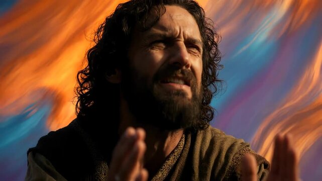Moses interceding in prayer with hands raised. Biblical prophet pleading before a swirling divine sky. Spiritual intercession concept