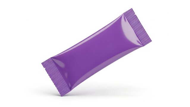 A single purple packet of candy, likely a piece of bubble gum, on a white background