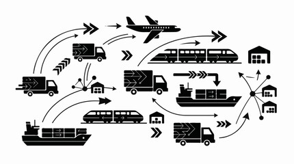 Obraz premium A transportation network diagram showing the flow of goods from warehouses to various destinations via trucks, trains, ships, and planes