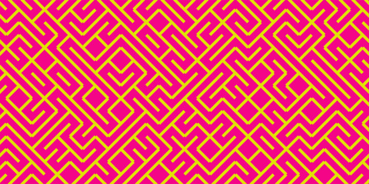 Geometric maze colorful seamless pattern. Brush drawn pink and yellow scribbles. Abstract maze geometric vector background. Irregular labyrinth pattern in bright colors