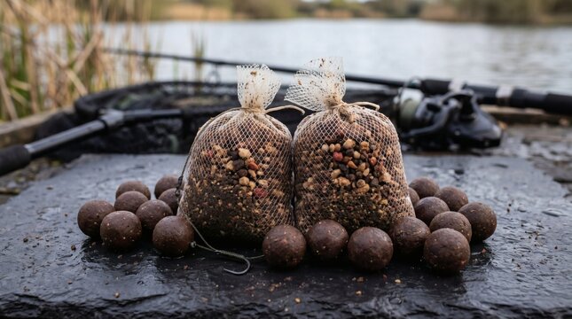Fishing bait in bags and balls arranged on a wet surface with fishing gear in the background.