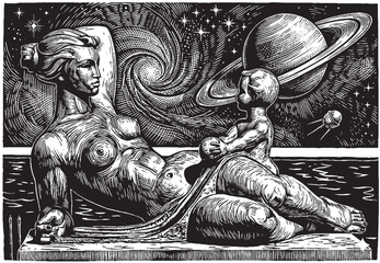 Cosmic motherhood linocut illustration with reclining woman statue, child and planet Saturn in space © maya_enker