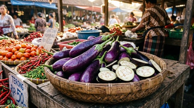 Fresh Purple Eggplants in Woven Basket at Traditional Indonesian Morning Market