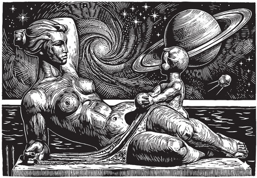 Cosmic motherhood linocut illustration with reclining woman statue, child and planet Saturn in space