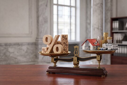 Brass Balance Scale Weighing Wooden Percentage Cube Blocks Against Real Estate House and Factory Models