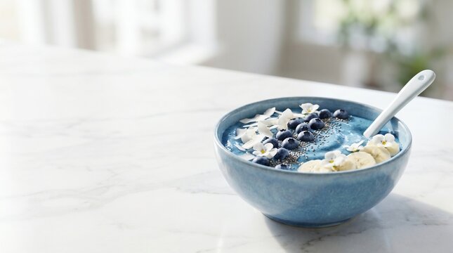 A vibrant blue spirulina smoothie bowl topped with fresh blueberries, banana slices, coconut flakes, and edible flowers on a white marble table. Concept of healthy breakfast and wellness.