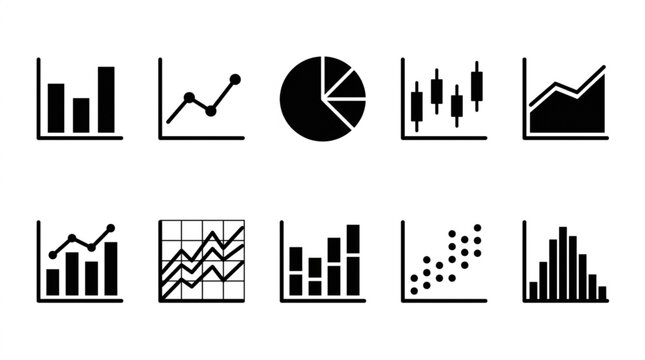 Collection of various black flat design infographic icons representing different chart types and data visualization elements on a clean white background