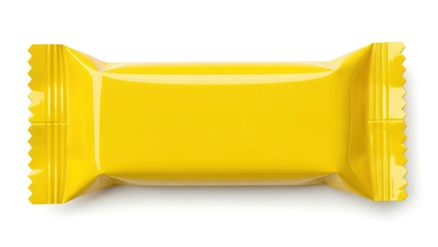 A bright yellow candy bar wrapper with a glossy finish and perforated edges