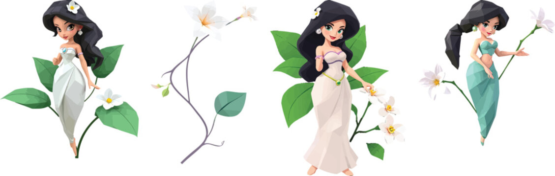 Polygonal Serenity: Elegant Vector Maidens in a Lyrical Dance with Pure Jasmine