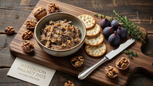 Mushroom walnut pate on dark wooden board with crackers grapes walnuts and elegant garnish