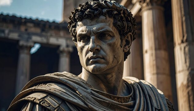Marble statue of a Roman emperor with a stern commanding gaze wearing a laurel wreath