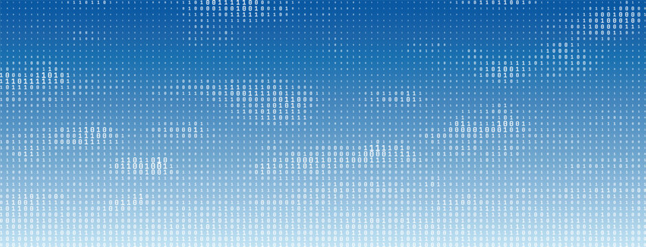 Vector white binary code made by pixelated cloud pattern on blue gradient. Digital data flow contains zero and one typography symbols