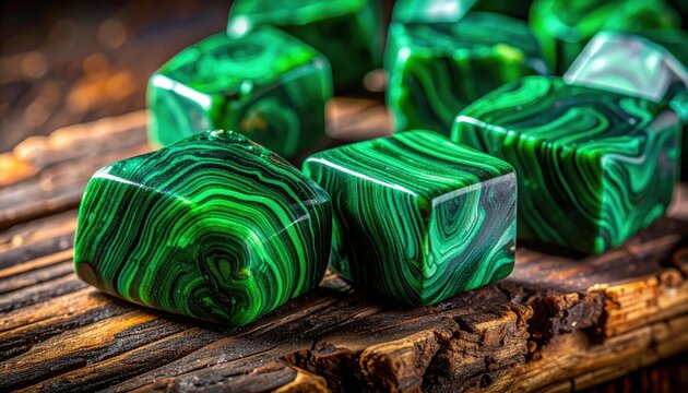 Vibrant green malachite chunks showcasing intricate concentric banding on a rustic wooden surface, a close-up view of natural mineral beauty.
