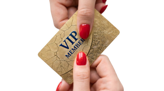 Closeup of a womans hands holding a gold vip member card isolated on transparent background