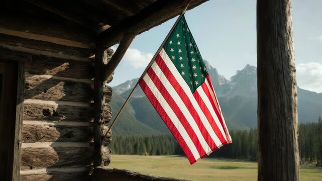 American flag hanging on a rustic log cabin with snow-capped mountains. Patriotic symbol in a wilderness landscape. Rural scene with national flag and forest
