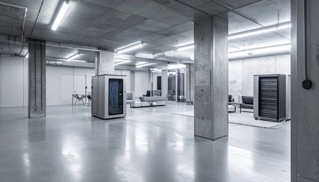 Large industrial air scrubber unit actively filtering air, installed within a spacious, modern concrete interior featuring sleek minimalist design and abundant natural light.