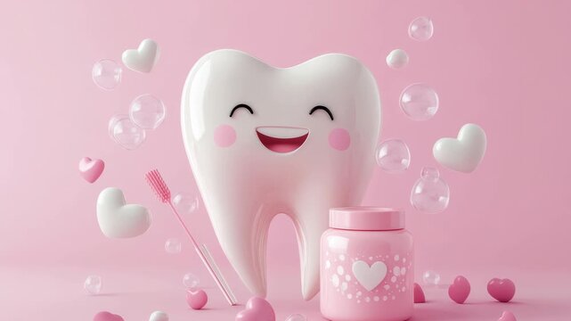 Smiling tooth character with hearts