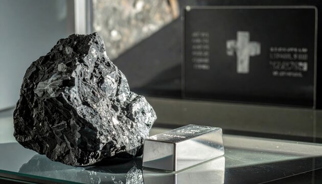 Rough titanium ore rock specimen beside a polished titanium metal bar, showcasing industrial materials