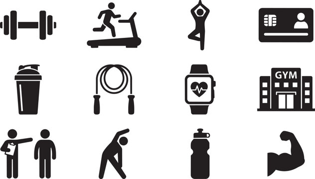 Fitness icons, gym symbols, workout graphics, exercise signs, 12 black vector icons
