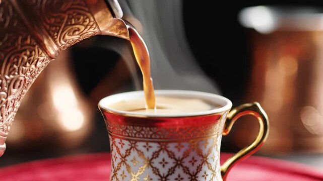 Pouring hot Turkish coffee from a traditional copper cezve into an ornate cup. Steaming aromatic beverage representing Middle Eastern culture