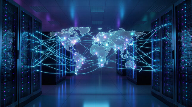 Global digital network map connecting enterprise servers in a modern data center, symbolizing worldwide data exchange and cloud infrastructure.