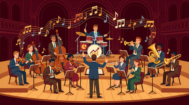 Illustration of a symphony orchestra performing on a stage with musical notes