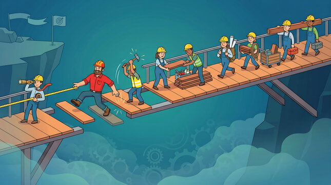 Workers on a bridge building and constructing with tools and materials