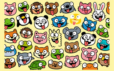 Fototapeta premium Cute kawaii style pattern illustrations featuring various colorful cartoon animal faces.