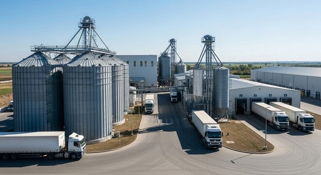Modern agricultural fertilizer processing plant with trucks for distribution