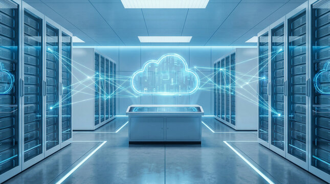 Modern cloud computing infrastructure inside a high tech data center with glowing cloud network interface, secure server architecture, digital storage systems and enterprise cloud connectivity.