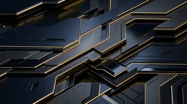 Abstract geometric digital art with metallic accents and golden highlights