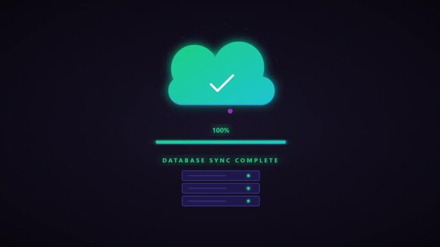 Cloud computing data synchronization process showing gradient upload progress bar and status completion for digital server network