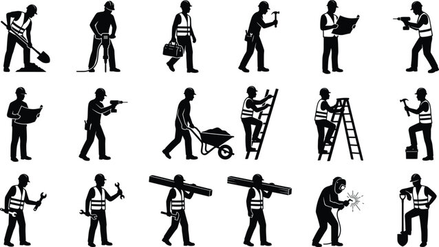 Construction worker silhouette set vector illustration of laborers builders engineers drilling welding and building on industrial site for development project