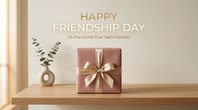 Rose pink gift box with golden ribbon on wooden shelf with eucalyptus vase for happy friendship day.