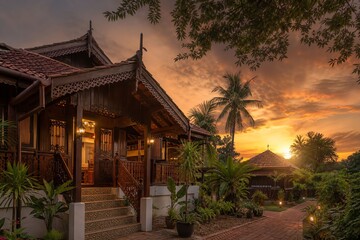 Obraz premium Traditional Malay House in Melaka at Sunset with Warm Golden Light