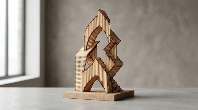 Abstract wooden sculpture with interlocking geometric shapes on a plinth