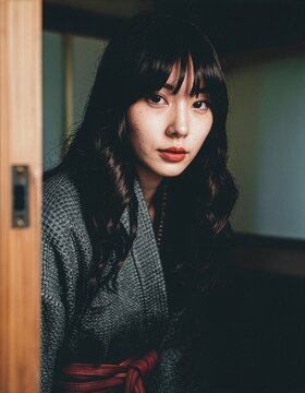 Young japanese woman with dark hair wearing traditional kimono in an indoor setting japanese traditional portrait authentic