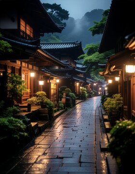Wet cobblestone street of a traditional japanese town at night after rain with cobblestone traditional architecture landscape