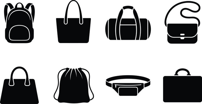 Collection of bag silhouette icons including backpack, tote, duffel, messenger, handbag, drawstring, waist pack, and briefcase designs