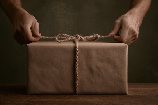 Hands wrapping brown paper gift box with rustic twine string, sustainable packaging for holiday or birthday celebration