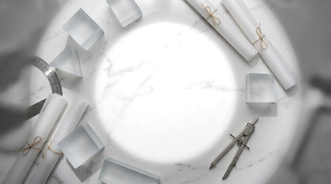 Architectural drawing tools on a marble surface with paper rolls and metal instruments